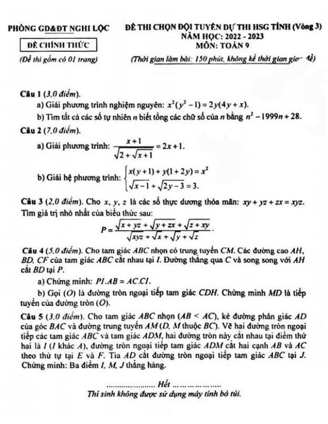 Đề HSG lớp 9 môn Toán vòng 3 năm 2022 2023 phòng GD ĐT Nghi Lộc Nghệ An