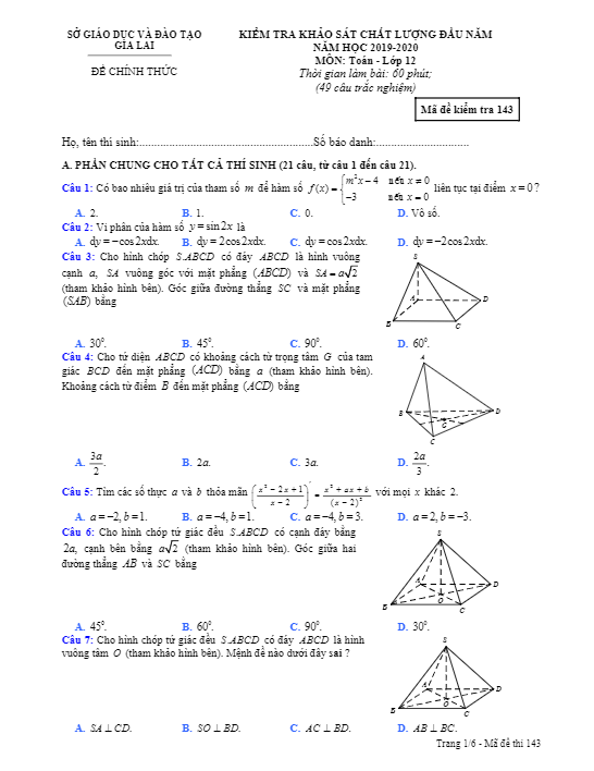 Đề khảo sát chất lượng đầu năm lớp 12 môn Toán năm 2019 2020 sở GD ĐT Gia Lai