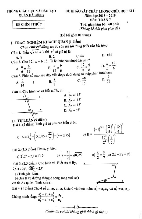 Đề khảo sát chất lượng giữa học kì 1 (HK1) lớp 7 môn Toán năm 2018 – 2019 phòng GD và ĐT Hà Đông – Hà Nội