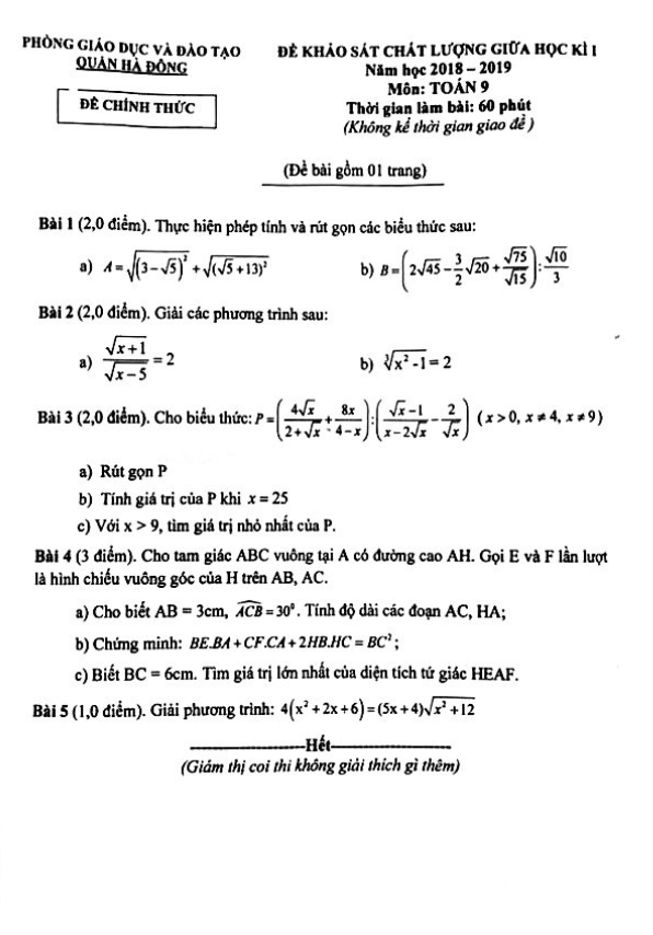 Đề khảo sát chất lượng giữa học kì 1 (HK1) lớp 9 môn Toán năm 2018 – 2019 phòng GD và ĐT Hà Đông – Hà Nội