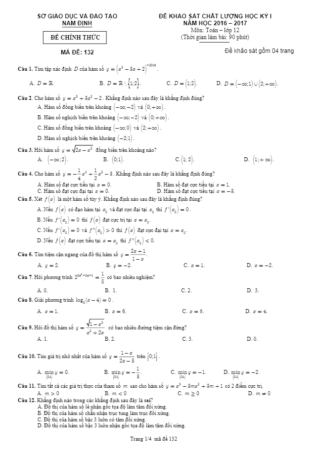 Đề khảo sát chất lượng HKI lớp 12 môn Toán năm học 2016 2017 sở GD và ĐT Nam Định