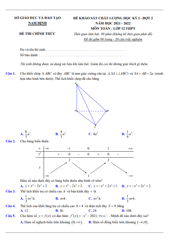 Đề khảo sát chất lượng học kì 1 (HK1) lớp 12 môn Toán năm 2021 2022 sở GD ĐT Nam Định (đợt 2)