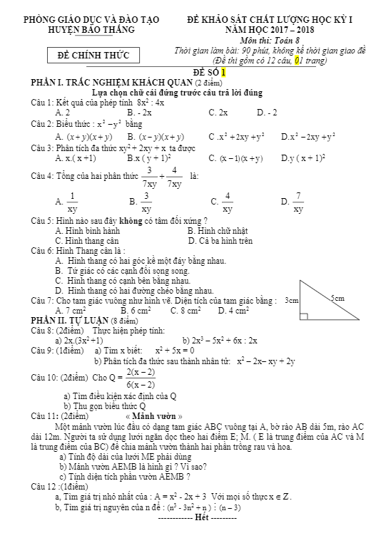 Đề khảo sát chất lượng học kì 1 (HK1) lớp 8 môn Toán năm học 2017 2018 phòng GD và ĐT Bảo Thắng Lào Cai