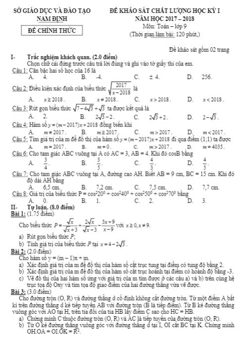 Đề khảo sát chất lượng học kì 1 (HK1) lớp 9 môn Toán năm học 2017 2018 sở GD và ĐT Nam Định