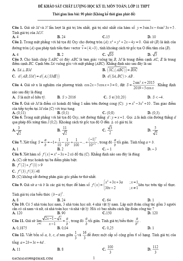 Đề khảo sát chất lượng học kì 2 (HK2) lớp 11 môn Toán Lương Tuấn Đức