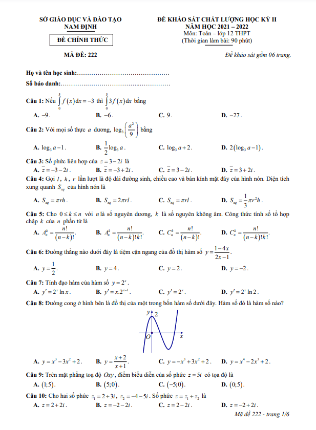 Đề khảo sát chất lượng học kì 2 (HK2) lớp 12 môn Toán năm 2021 2022 sở GD ĐT Nam Định
