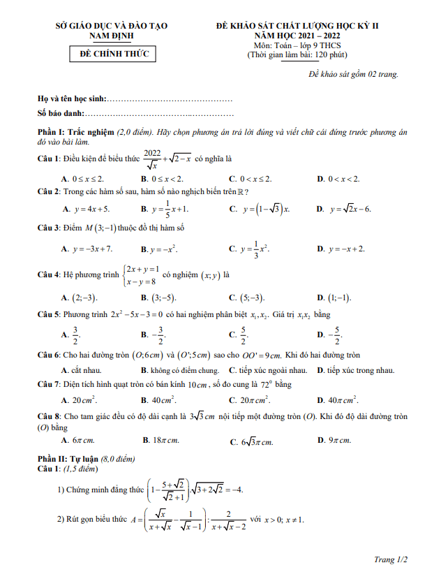 Đề khảo sát chất lượng học kì 2 (HK2) lớp 9 môn Toán năm 2021 2022 sở GD ĐT Nam Định