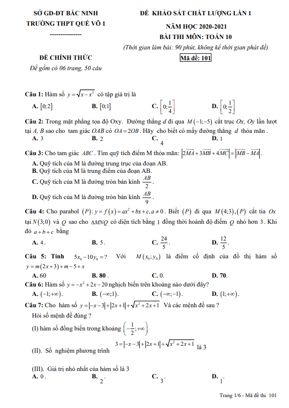 Đề khảo sát chất lượng lần 1 lớp 10 môn Toán năm 2020 2021 trường Quế Võ 1 Bắc Ninh