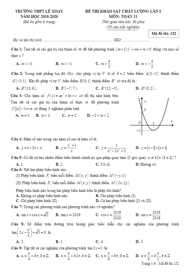 Đề khảo sát chất lượng lần 1 lớp 11 môn Toán năm 2019 2020 trường Lê Xoay Vĩnh Phúc