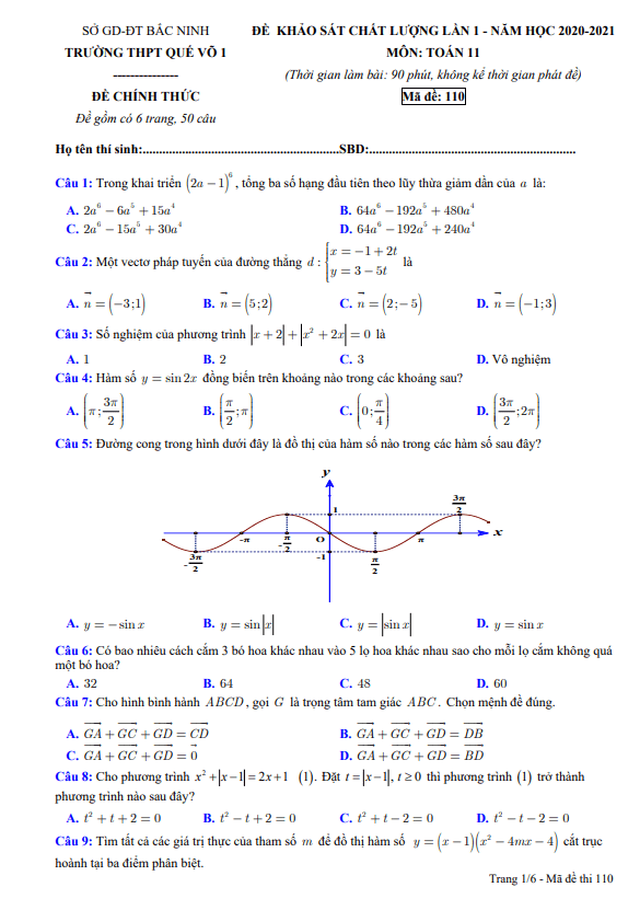 Đề khảo sát chất lượng lần 1 lớp 11 môn Toán năm 2020 2021 trường Quế Võ 1 Bắc Ninh