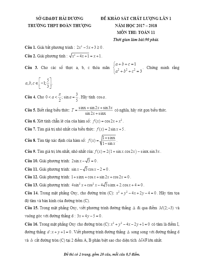 Đề khảo sát chất lượng lần 1 năm học 2017 2018 lớp 11 môn Toán trường THPT Đoàn Thượng Hải Dương