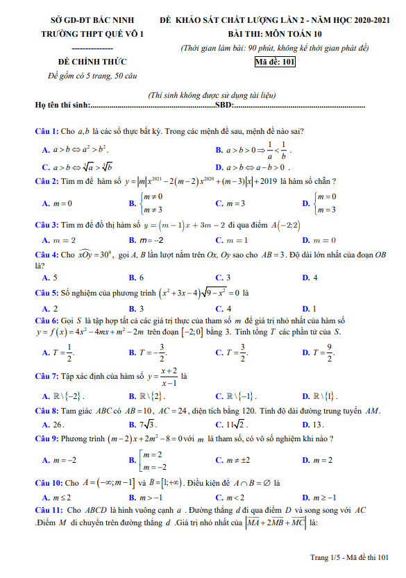 Đề khảo sát chất lượng lần 2 lớp 10 môn Toán năm 2020 2021 trường Quế Võ 1 Bắc Ninh