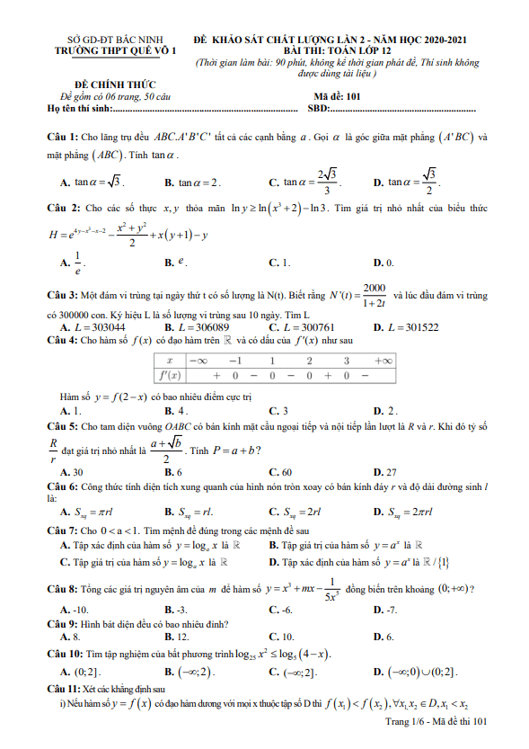 Đề khảo sát chất lượng lần 2 lớp 12 môn Toán năm 2020 2021 trường Quế Võ 1 Bắc Ninh