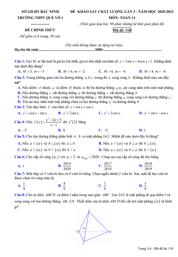 Đề khảo sát chất lượng lần 3 lớp 11 môn Toán năm 2020 2021 trường Quế Võ 1 Bắc Ninh