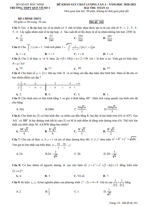 Đề khảo sát chất lượng lần 3 lớp 12 môn Toán năm 2020 2021 trường Quế Võ 1 Bắc Ninh