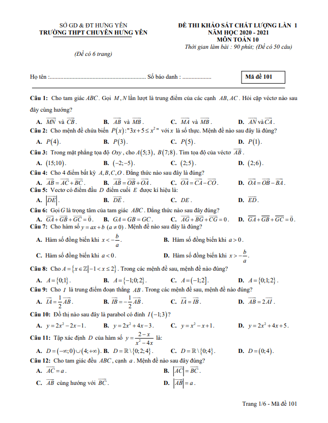 Đề khảo sát chất lượng lớp 10 môn Toán lần 1 năm 2020 2021 trường THPT chuyên Hưng Yên