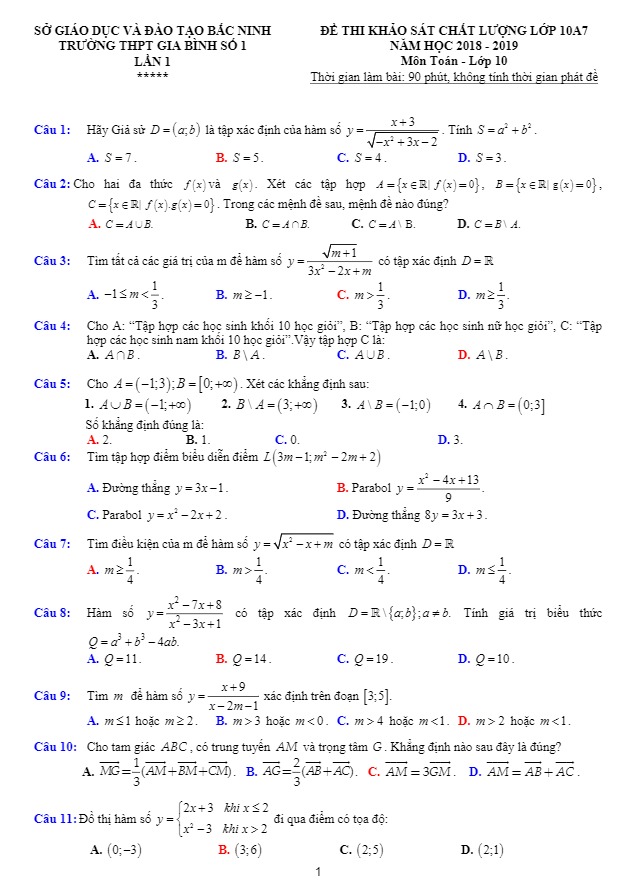 Đề khảo sát chất lượng lớp 10 môn Toán năm 2018 2019 trường Gia Bình 1 Bắc Ninh lần 1