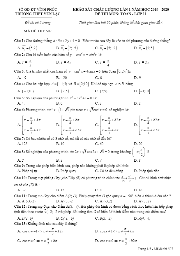 Đề khảo sát chất lượng lớp 11 môn Toán lần 1 năm 2019 2020 trường Yên Lạc Vĩnh Phúc