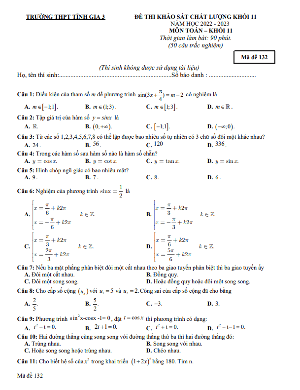 Đề khảo sát chất lượng lớp 11 môn Toán năm 2022 2023 trường Tĩnh Gia 3 Thanh Hóa