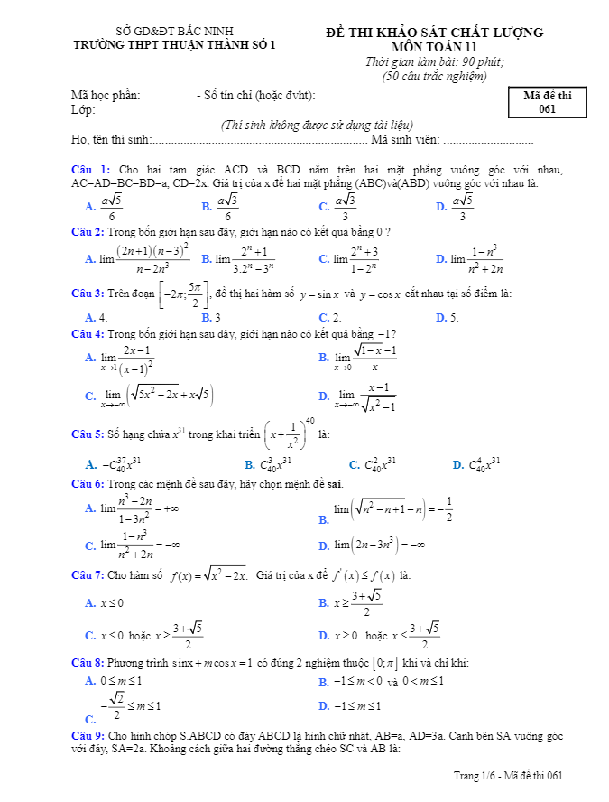 Đề khảo sát chất lượng lớp 11 môn Toán trường THPT Thuận Thành 1 Bắc Ninh