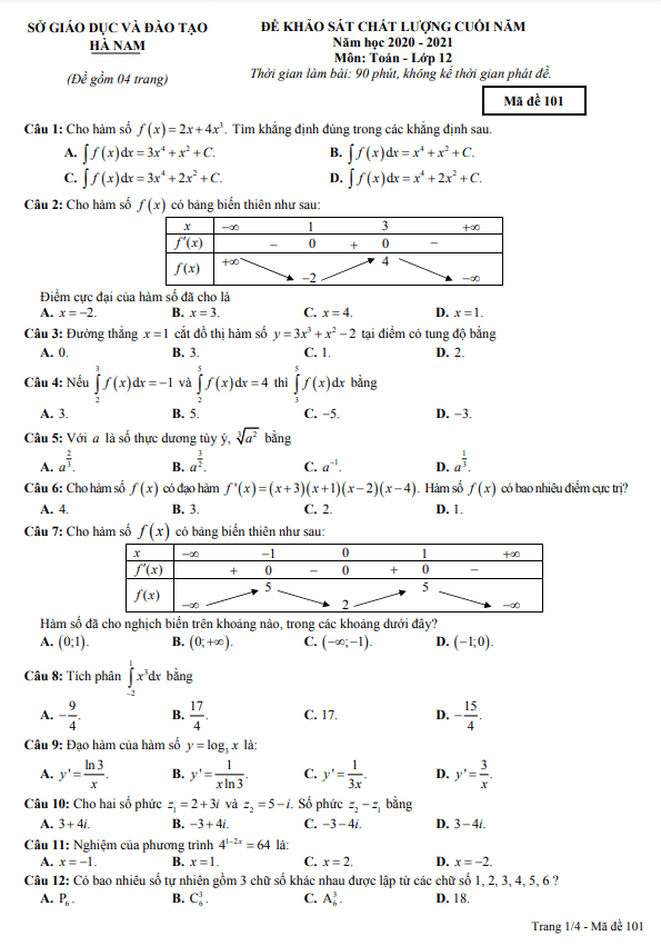 Đề khảo sát chất lượng lớp 12 môn Toán cuối năm học 2020 2021 sở GD ĐT Hà Nam