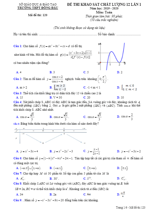 Đề khảo sát chất lượng lớp 12 môn Toán lần 1 năm 2019 2020 trường Đồng Đậu Vĩnh Phúc