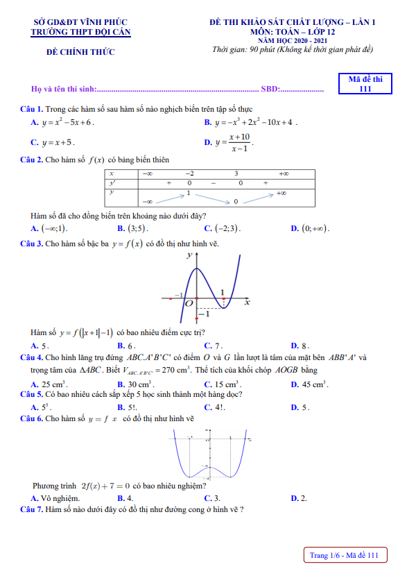 Đề khảo sát chất lượng lớp 12 môn Toán lần 1 năm 2020 2021 trường THPT Đội Cấn Vĩnh Phúc