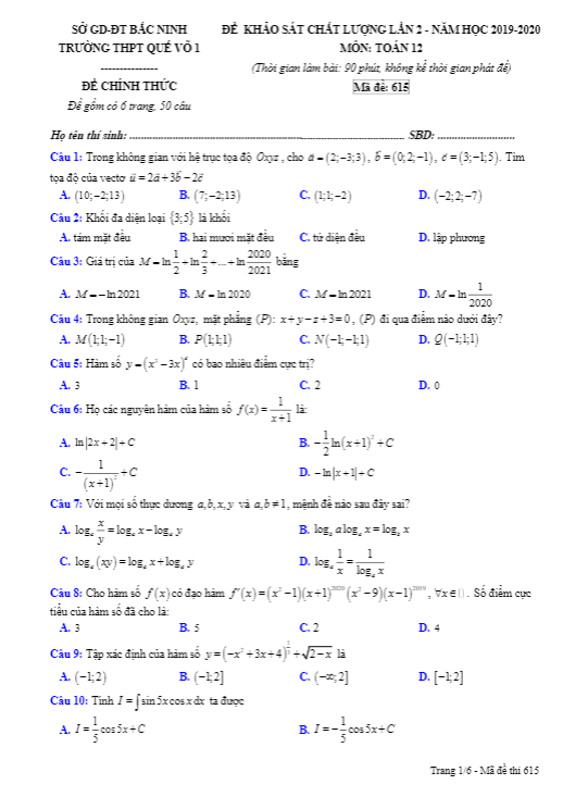 Đề khảo sát chất lượng lớp 12 môn Toán lần 2 năm 2019 2020 trường Quế Võ 1 Bắc Ninh