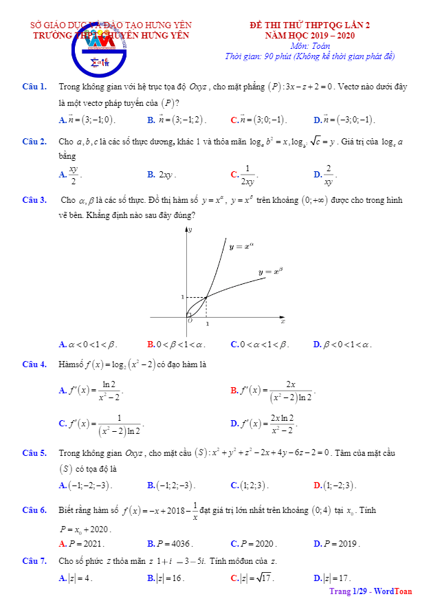 Đề khảo sát chất lượng lớp 12 môn Toán lần 2 năm 2019 2020 trường THPT chuyên Hưng Yên