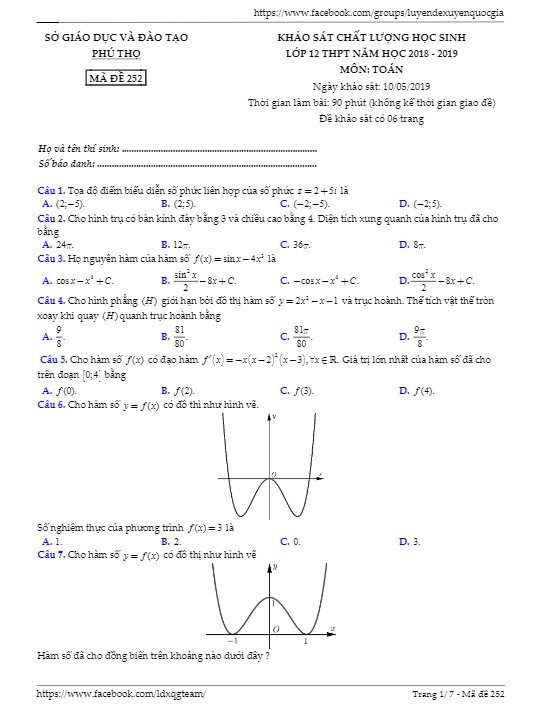 Đề khảo sát chất lượng lớp 12 môn Toán năm 2018 2019 sở GD ĐT Phú Thọ