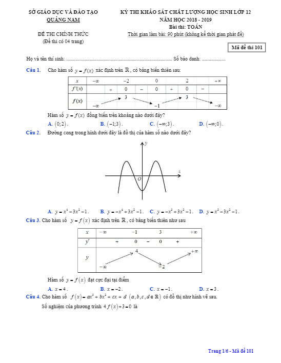 Đề khảo sát chất lượng lớp 12 môn Toán năm 2018 2019 sở GD ĐT Quảng Nam