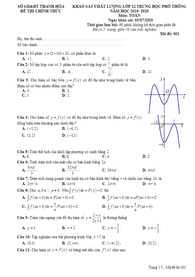 Đề khảo sát chất lượng lớp 12 môn Toán năm 2019 2020 liên trường THPT Thanh Hóa