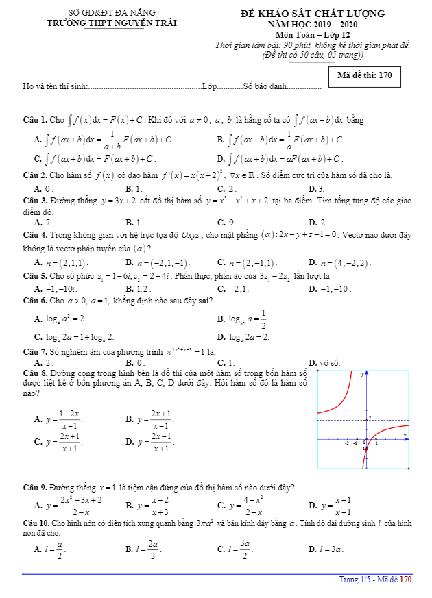 Đề khảo sát chất lượng lớp 12 môn Toán năm 2019 2020 trường Nguyễn Trãi Đà Nẵng