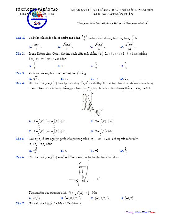 Đề khảo sát chất lượng lớp 12 môn Toán năm 2019 sở GD ĐT Cần Thơ