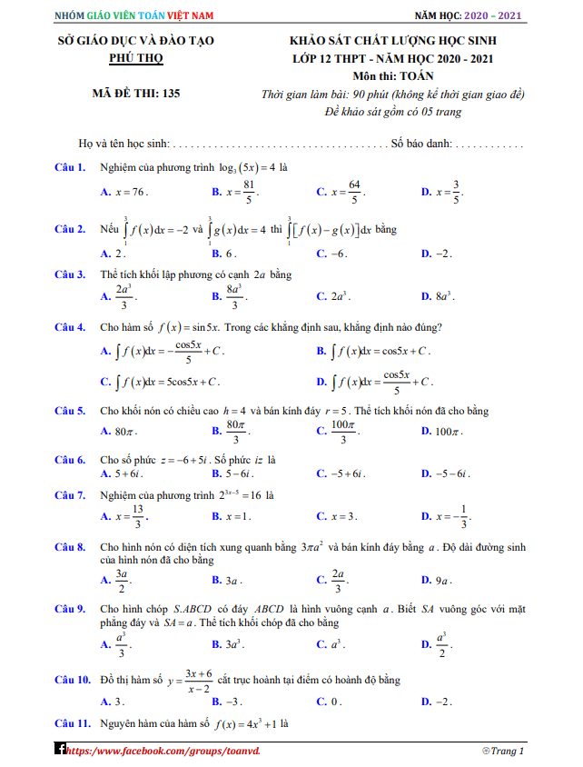 Đề khảo sát chất lượng lớp 12 môn Toán năm 2020 2021 sở GD ĐT Phú Thọ
