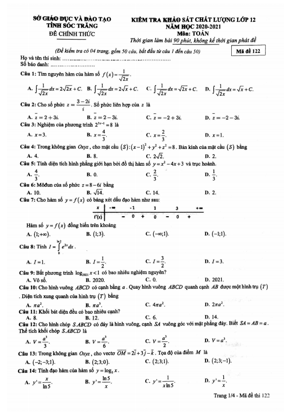 Đề khảo sát chất lượng lớp 12 môn Toán năm 2020 2021 sở GD ĐT Sóc Trăng