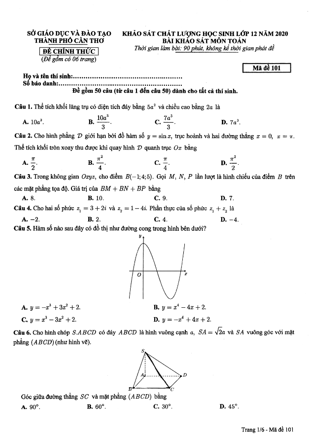 Đề khảo sát chất lượng lớp 12 môn Toán năm 2020 sở GD ĐT thành phố Cần Thơ