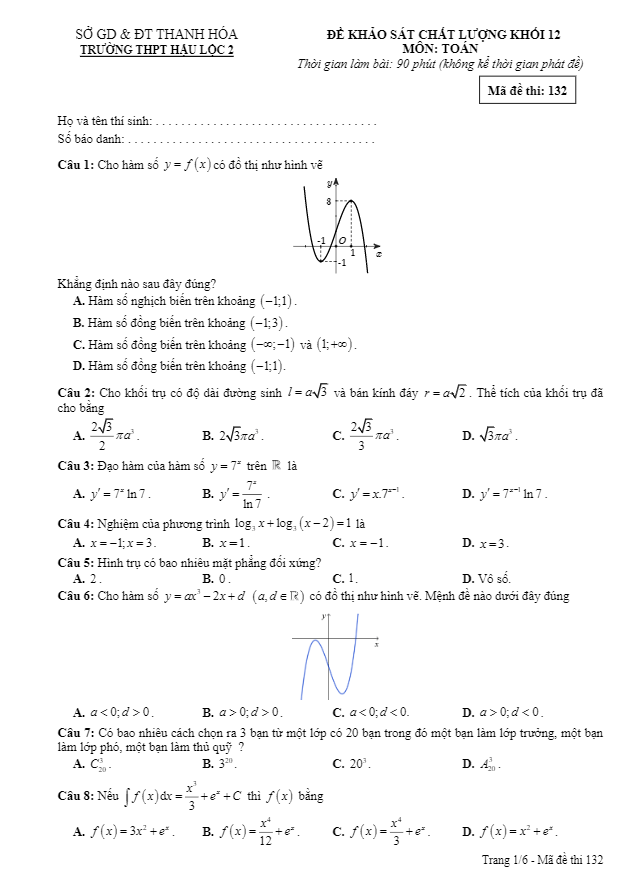Đề khảo sát chất lượng lớp 12 môn Toán năm 2020 trường THPT Hậu Lộc 2 Thanh Hóa