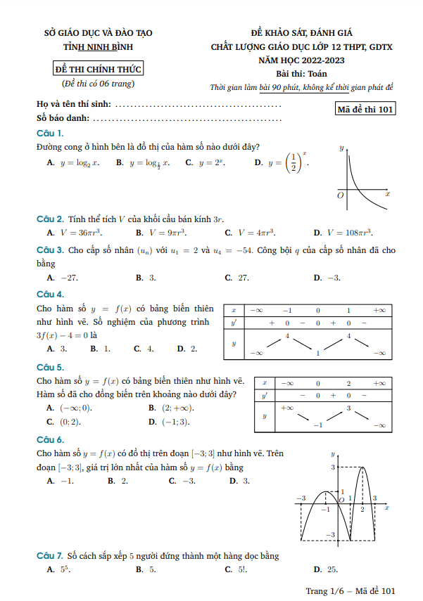 Đề khảo sát chất lượng lớp 12 môn Toán năm 2022 2023 sở GD ĐT Ninh Bình