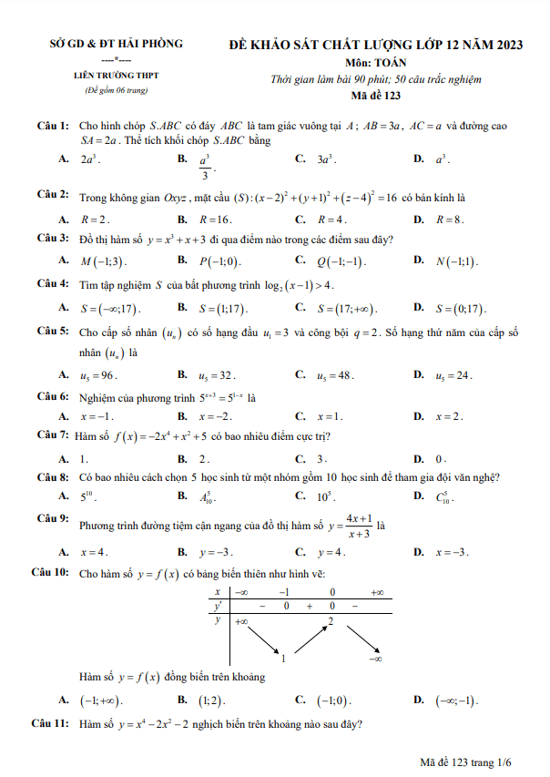 Đề khảo sát chất lượng lớp 12 môn Toán năm 2023 liên trường THPT Hải Phòng