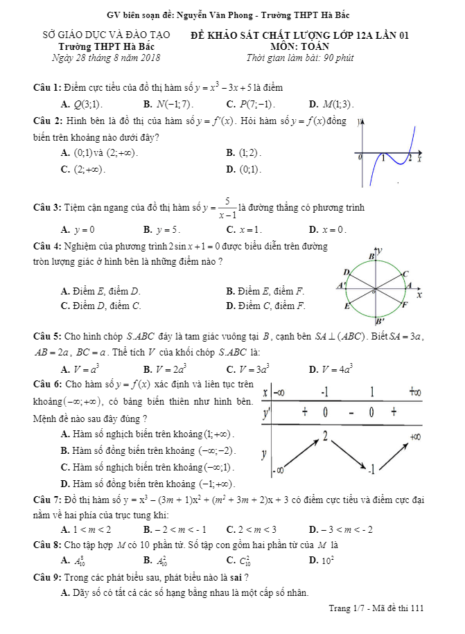 Đề khảo sát chất lượng lớp 12 môn Toán năm học 2018 2019 trường Hà Bắc Hải Dương lần 1
