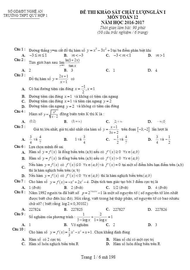 Đề khảo sát chất lượng lớp 12 môn Toán trường THPT Quỳ Hợp 1 Nghệ An lần 1