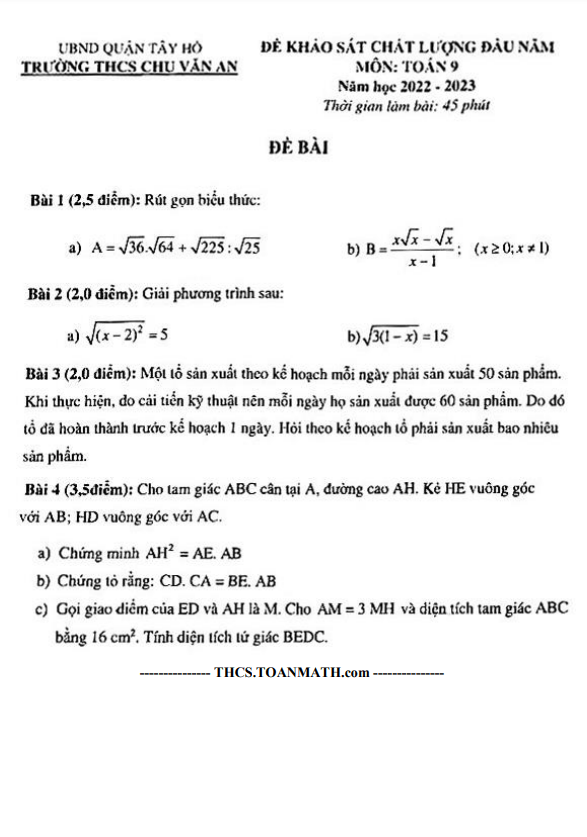 Đề khảo sát chất lượng lớp 9 môn Toán đầu năm 2022 2023 trường THCS Chu Văn An Hà Nội