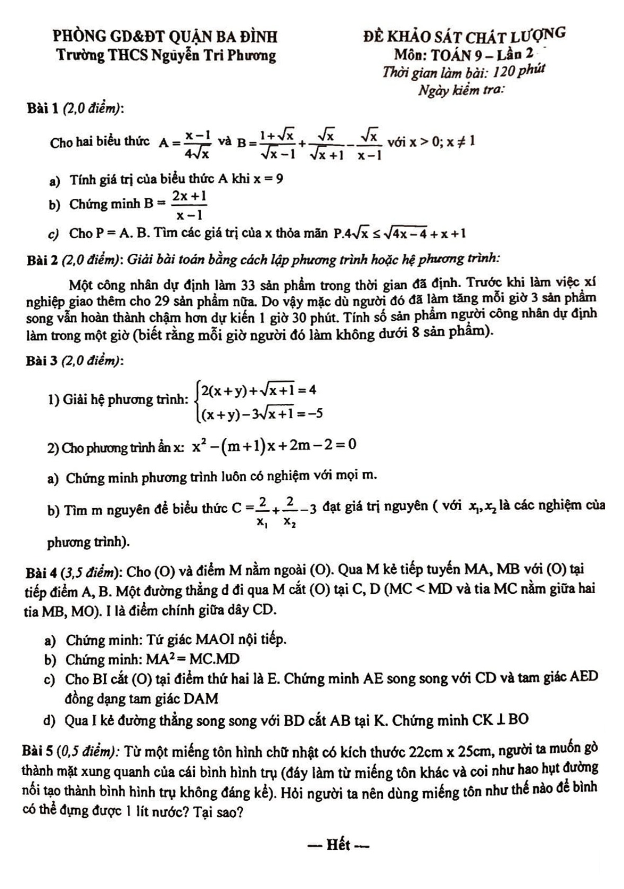 Đề khảo sát chất lượng lớp 9 môn Toán lần 2 trường THCS Nguyễn Tri Phương Hà Nội
