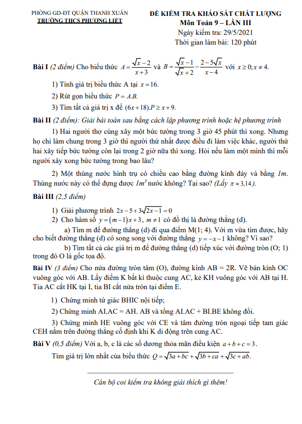 Đề khảo sát chất lượng lớp 9 môn Toán lần 3 năm 2021 trường THCS Phương Liệt Hà Nội
