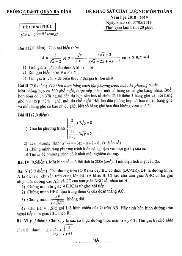 Đề khảo sát chất lượng lớp 9 môn Toán năm 2018 2019 phòng GD ĐT Ba Đình Hà Nội