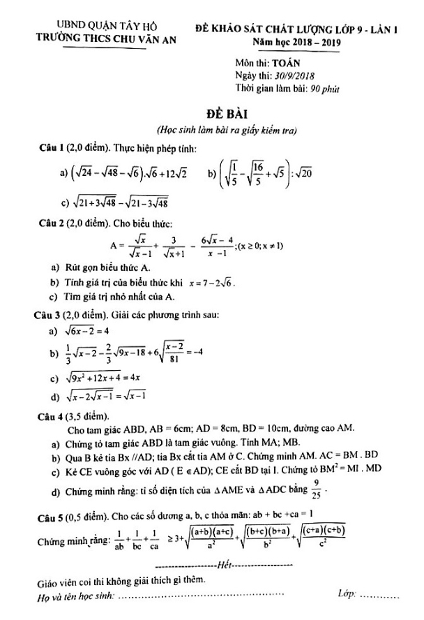 Đề khảo sát chất lượng lớp 9 môn Toán năm 2018 2019 trường THCS Chu Văn An Hà Nội lần 1