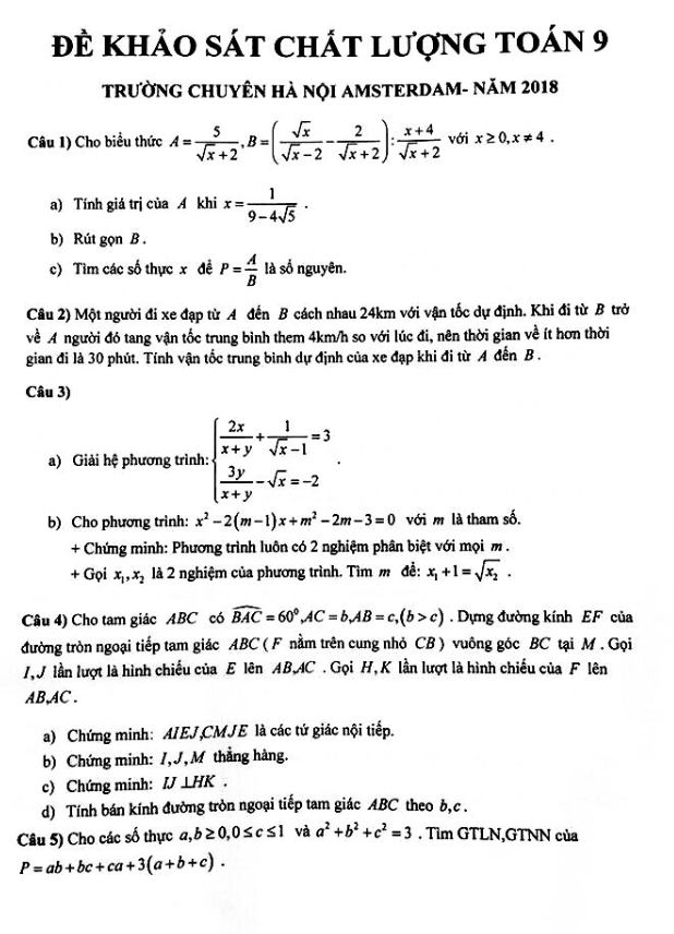 Đề khảo sát chất lượng lớp 9 môn Toán năm 2018 trường THPT chuyên Hà Nội Amsterdam