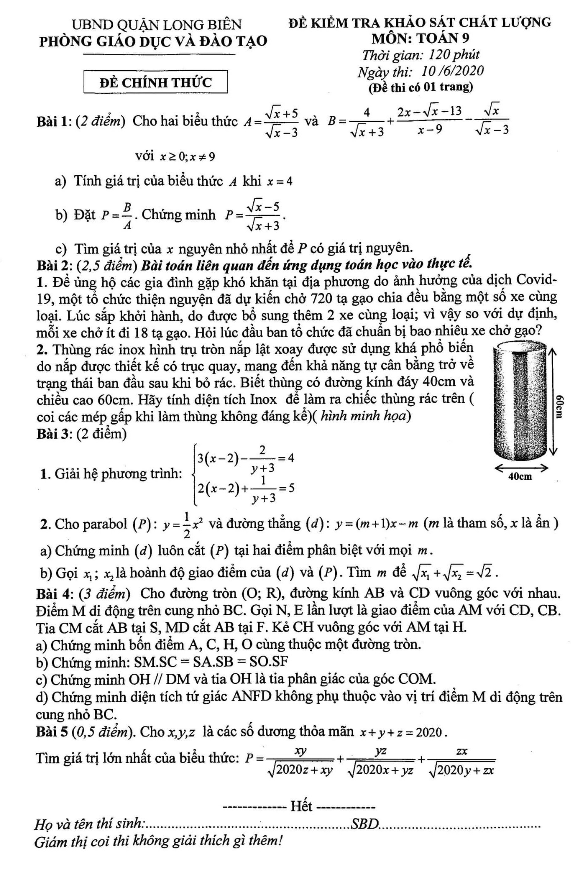 Đề khảo sát chất lượng lớp 9 môn Toán năm 2019 2020 phòng GD ĐT Long Biên Hà Nội