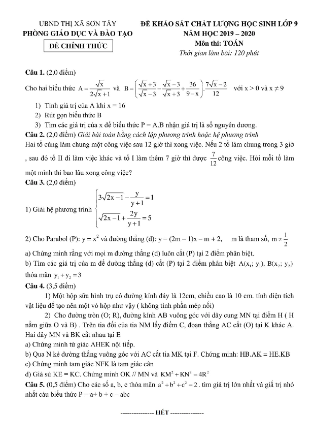 Đề khảo sát chất lượng lớp 9 môn Toán năm 2019 2020 phòng GD ĐT Sơn Tây Hà Nội